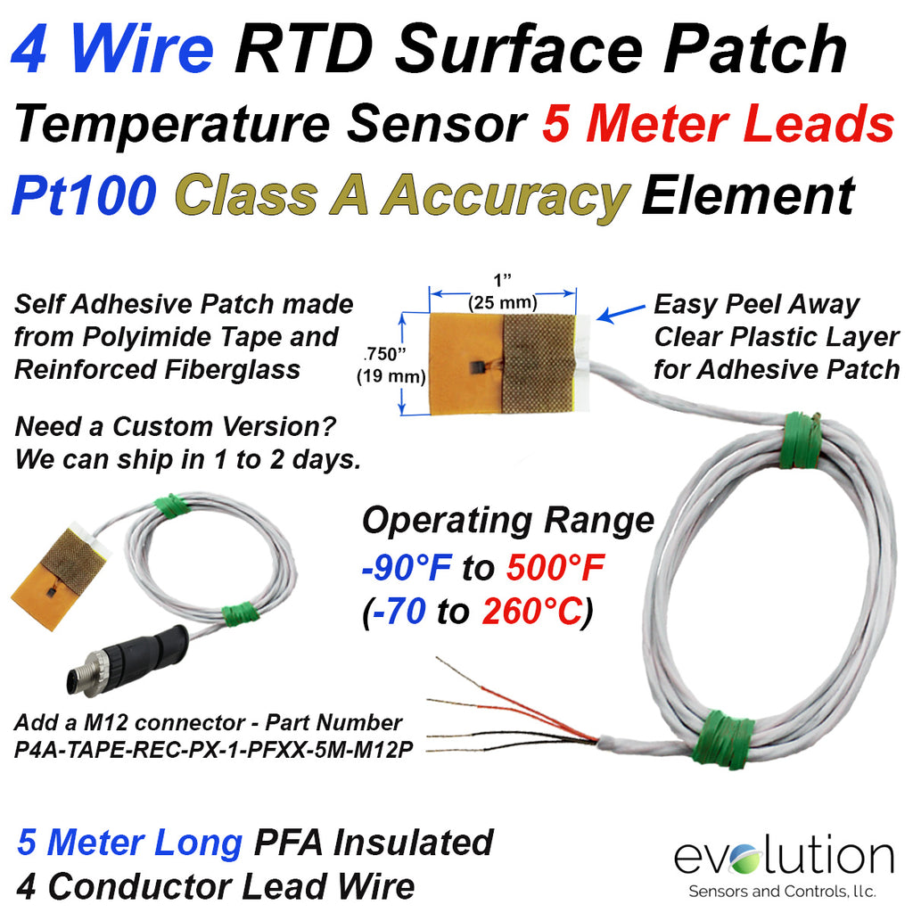 4 Wire Pt100 Surface Patch RTD Temperature Sensor with 5 Meter Leads