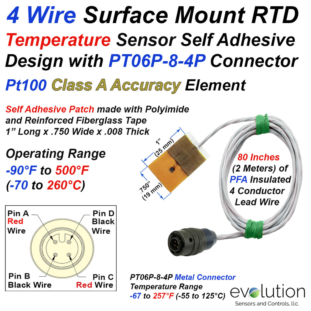 4 Wire RTD with Surface Mount Patch and 4 Pin Metal Circular Connector