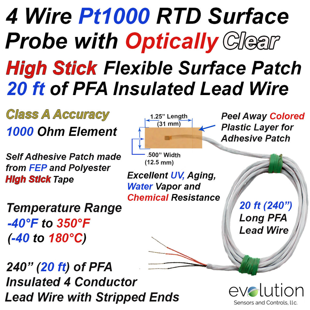 RTD Surface Probe 4 Wire 1000 Ohm High Stick Optically Clear Patch Design with 20ft of Lead Wire