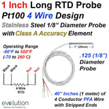 4 Wire Pt100 RTD Probes 1/8" Diameter 1 to 6 Inch Long Stainless Steel Sheath with 40 Inches of PFA Lead Wire