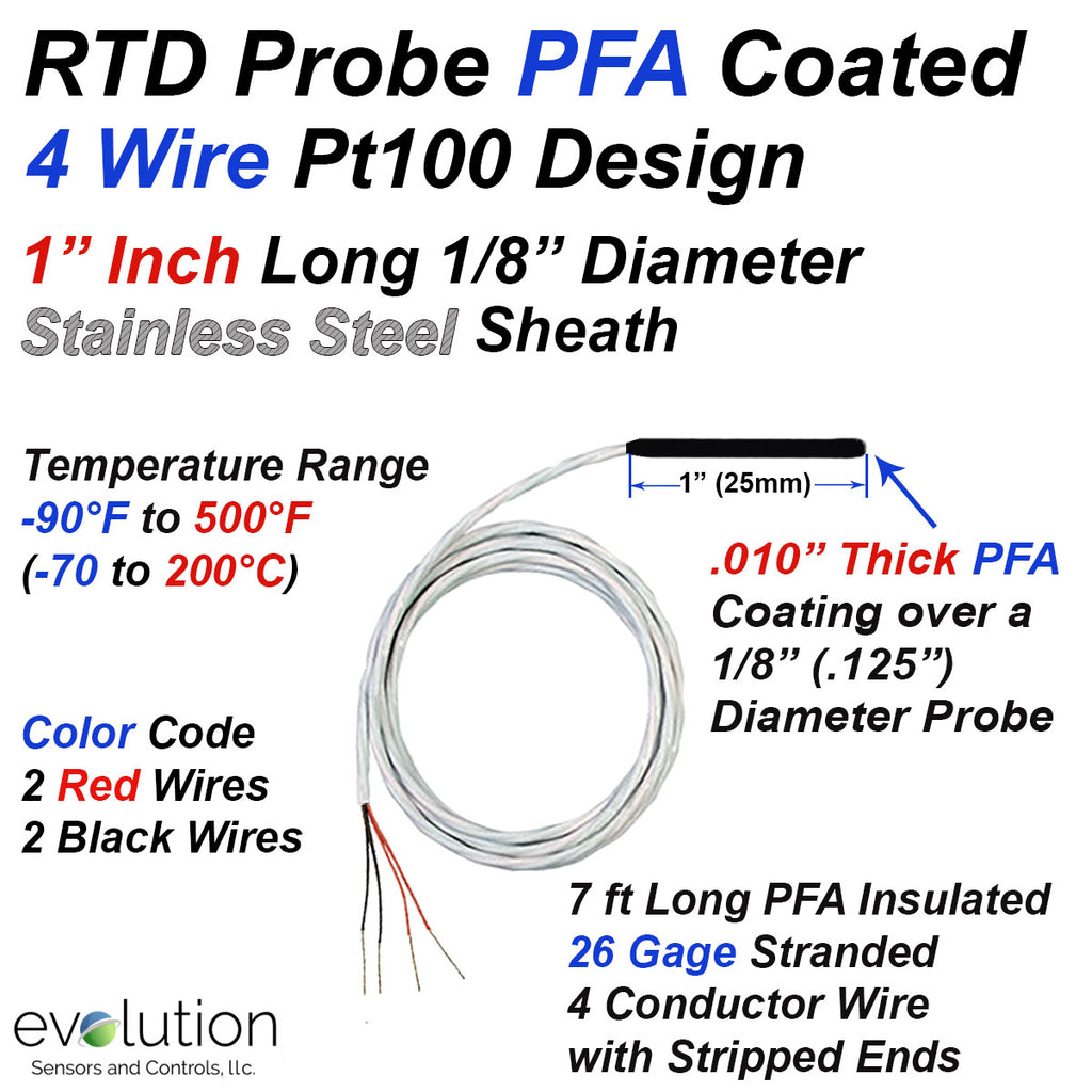 Rtd Size 4 Wire RTD Probe with PFA Coating 1 Inch Long 1/2