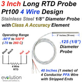 4 Wire Pt100 RTD Probe 3 Inches Long 1/8" Diameter with PFA Lead Wire
