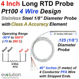 4 Wire RTD Probe 1/8 Diameter 4 Inches Long with Wire Leads
