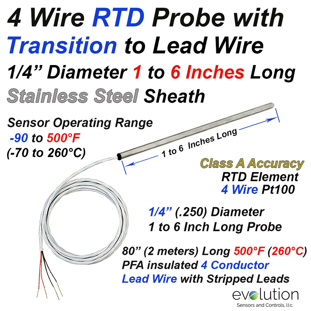 4 Wire RTD Probe 1 to 6 Inch Long 1/4 Diameter with 2 Meters Lead Wire ...