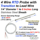 4 Wire RTD Probe 1/4" Diameter 1 to 6 Inch Long Stainless Steel Sheath with 80 Inches (2 Meters) of PFA Lead Wire