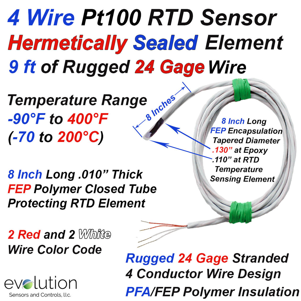 Potted Leads In Rtd Hermetically Sealed 4 Wire Pt100 RTD with 9 ft of 24 Gage Lead Wire ...
