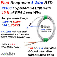 Fast Response  4 Wire Pt100 RTD Exposed Design with 10ft of Lead Wire