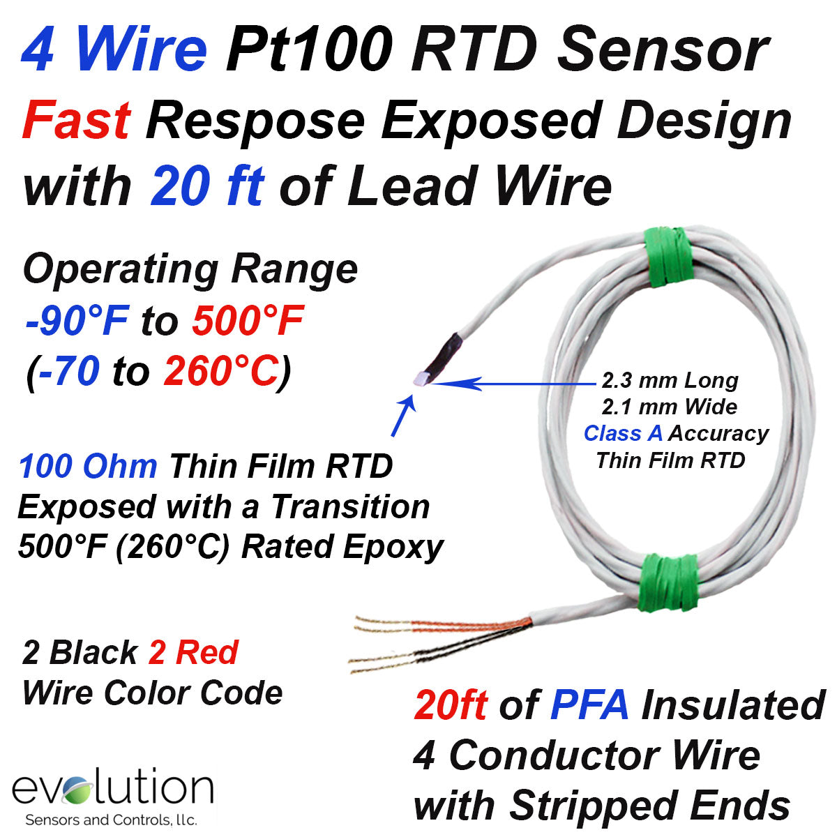 4 Wire Pt100 RTD Fast Response Exposed Design with 20ft of Lead Wire ...
