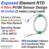 Fast Response RTD Sensor 4 Wire Pt100 Exposed Element Design with 3 or 6ft. of PFA Lead Wire