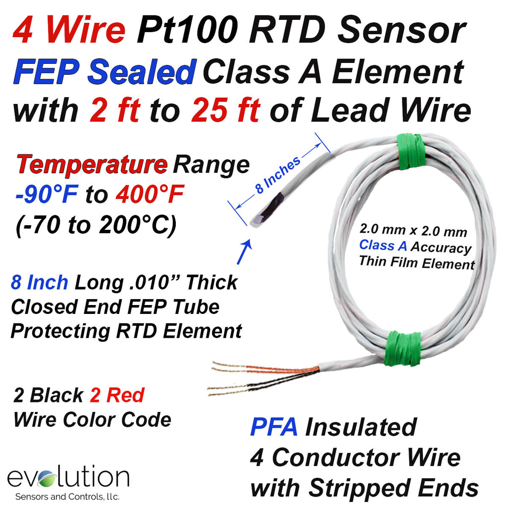 FEP Sealed 4 Wire Pt100 RTD Sensor with Class A Accuracy Element