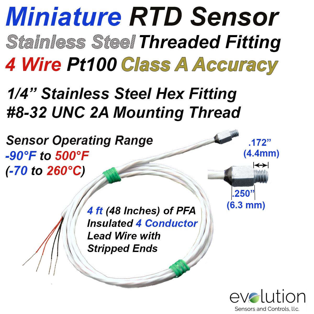 Miniature RTD Sensor 4 Wire Design with Threaded Fitting 4ft Lead Wire ...