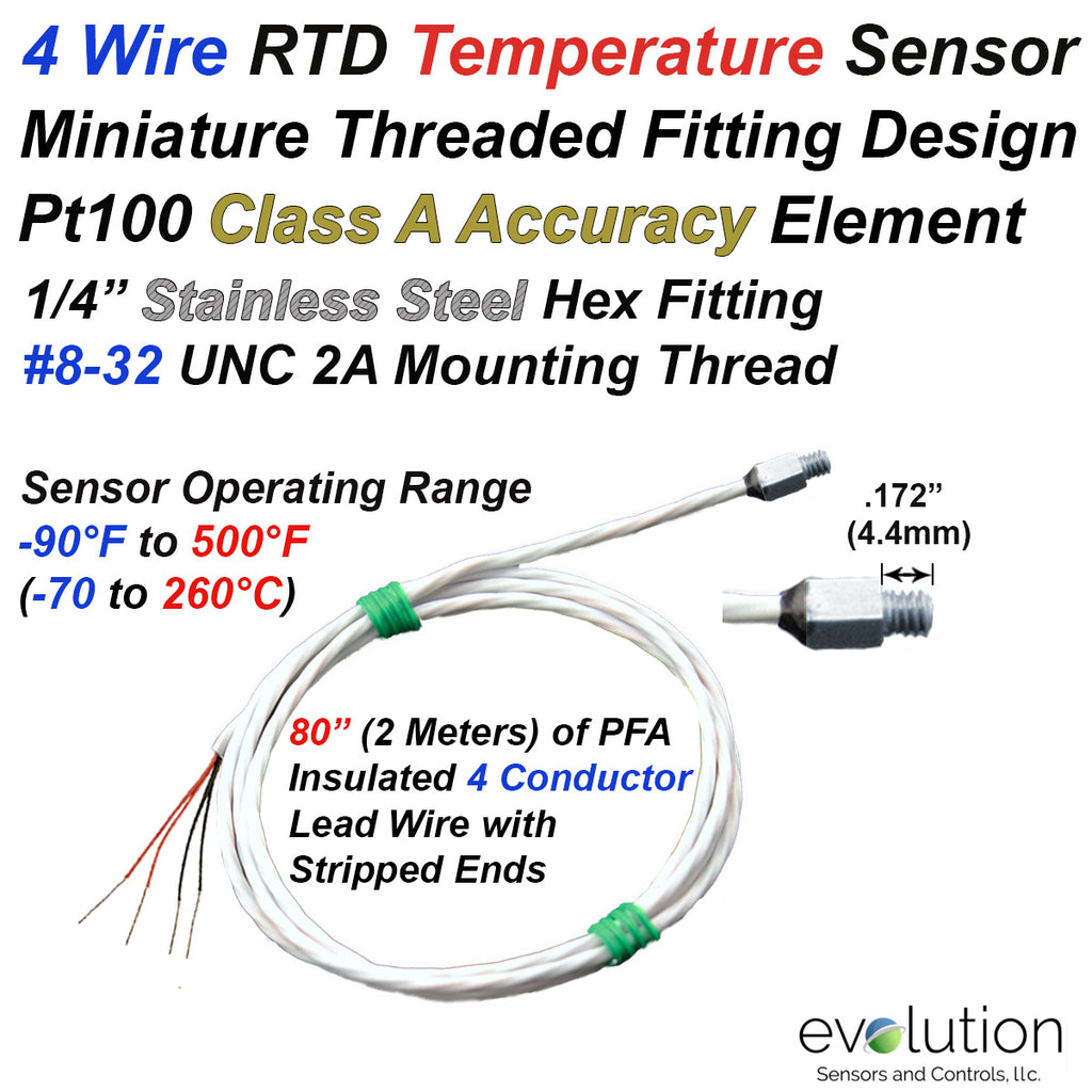 4 Wire RTD Sensor with Miniature Threaded Fitting 80 Inch Wire Leads