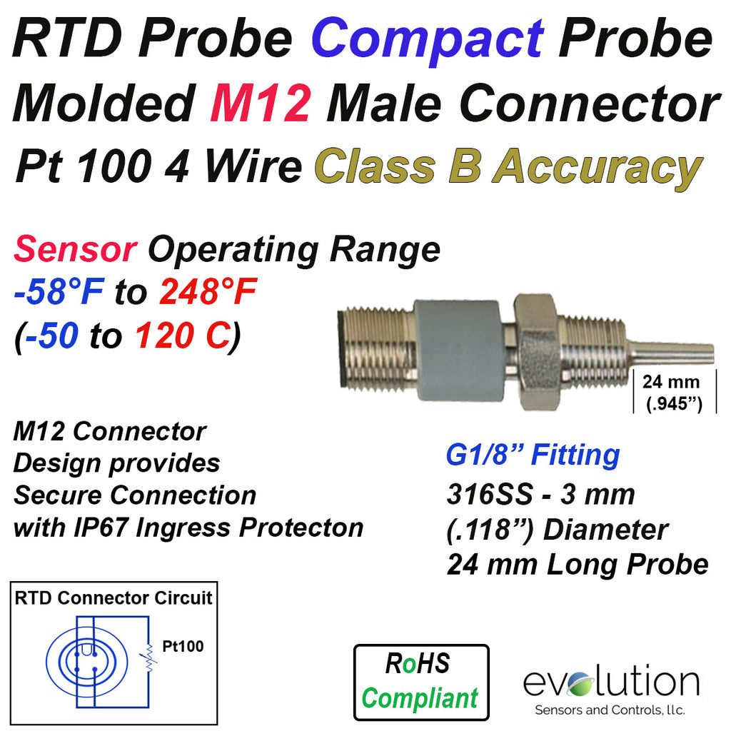 Compact 4 Wire RTD Probe M12 Connector G1/8" Fitting 1" Long Probe