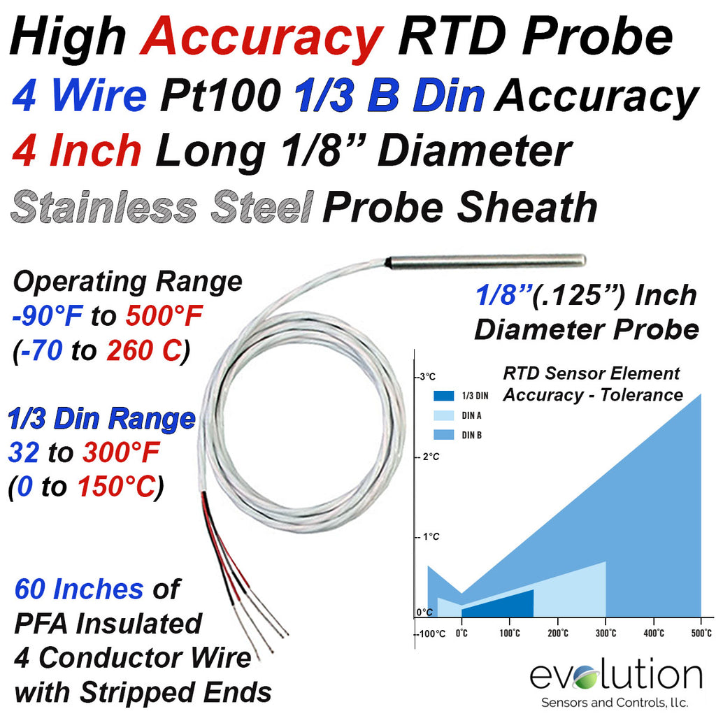 High Accuracy 4 Wire Pt100 RTD Probe 4 Inches Long 1/8" Diameter with 60 Inches Lead Wire