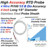 High Accuracy 4 Wire Pt100 RTD Probe 4 Inches Long 1/8