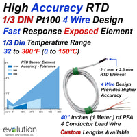 High Accuracy 1/3 DIN Fast Response RTD - 4 Wire Pt100 Exposed Element
