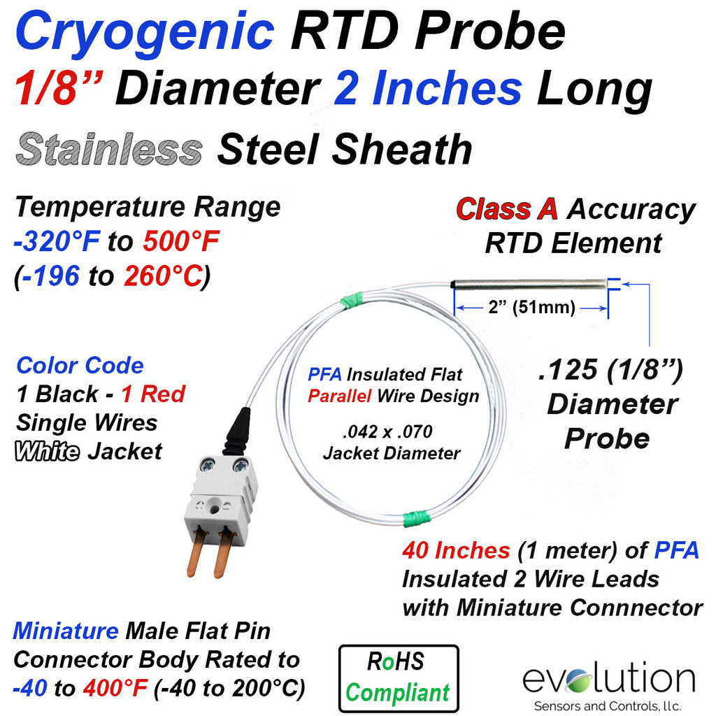 Cryogenic RTD Probe 2 Inches Long 1/8" Diameter with Leads and Connector