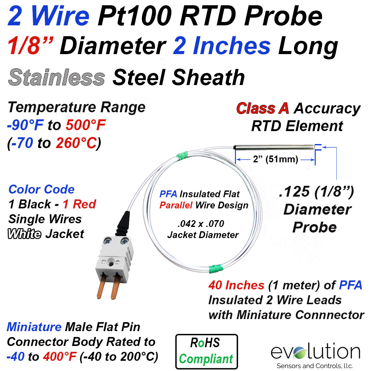 2 Wire RTD Probe 2 Inches Long 1/8