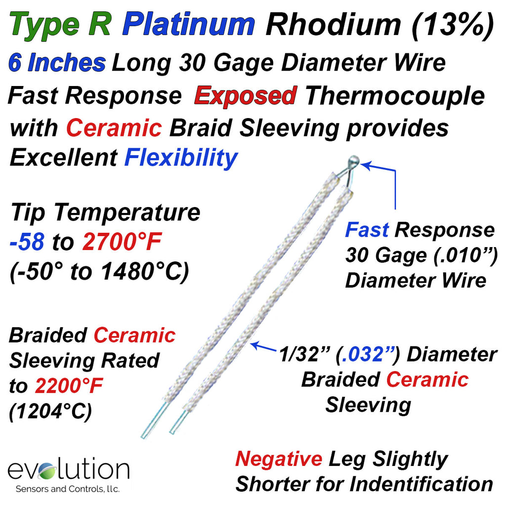 Type R Thermocouple Platinum Rhodium 13% - Exposed Junction 6 or 12 Inch Long Flexible 30 Gage Solid Wire with Ceramic Fiber insulation and Stripped Leads