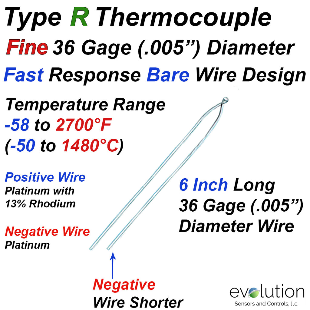 Type R Bare Wire Thermocouple Fine Diameter 36 Gage 6 Inches Long