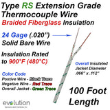 Type RS Thermocouple Extension Wire with 900°F Fiberglass Insulation 100ft