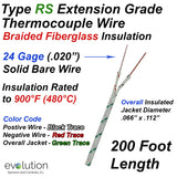Type RS Thermocouple Extension Wire with 900°F Fiberglass Insulation 200ft
