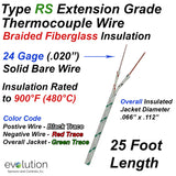 Type RS Thermocouple Extension Wire 24 Gage Solid with Fiberglass Insulation 25ft