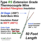 Type RS Thermocouple Extension Wire with 900°F Fiberglass Insulation 50ft