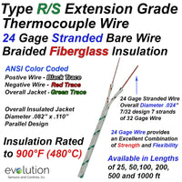 RS Type Thermocouple Extension Wire 24 Gage Stranded Fiberglass Insulated