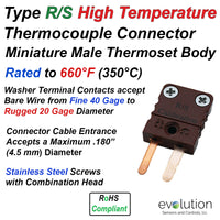 Miniature Thermocouple Connectors, Miniature High Temperature Male, Type RS