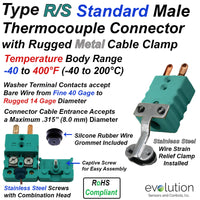 Type RS Standard Size Male Thermocouple Connectors with Rugged Metal Cable Clamp