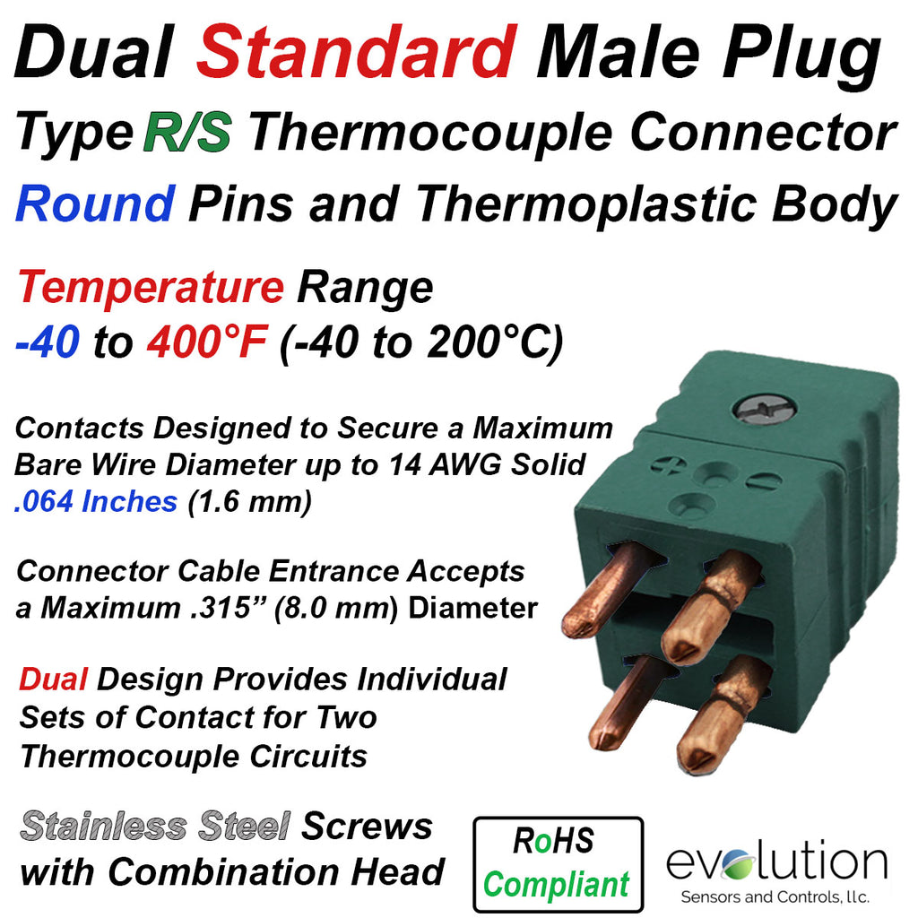 Type R/S Dual Standard Size Male Round Pin Thermocouple Connector