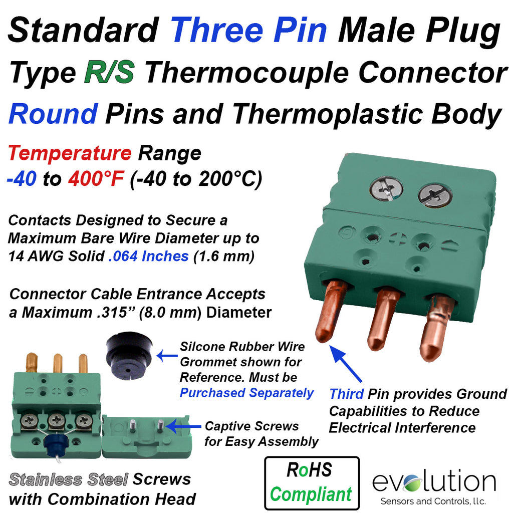 Type R/S Three Pin Standard Size Male Thermocouple Connector