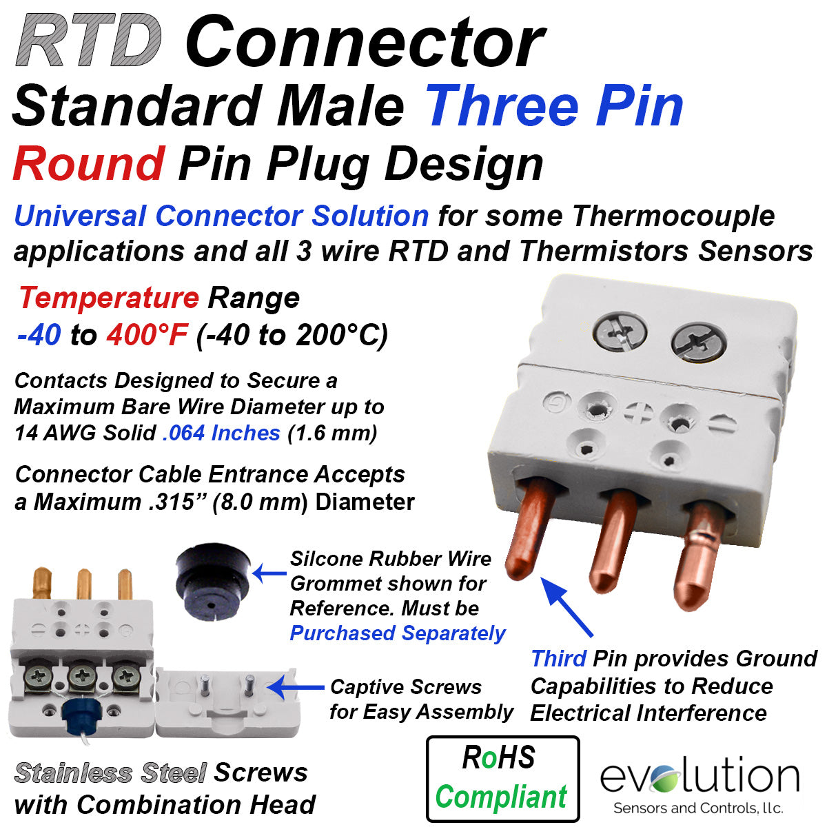 Rtd Sizes RTD Connector Standard Size 3 Pin Male | Evolution Sensors and Controls