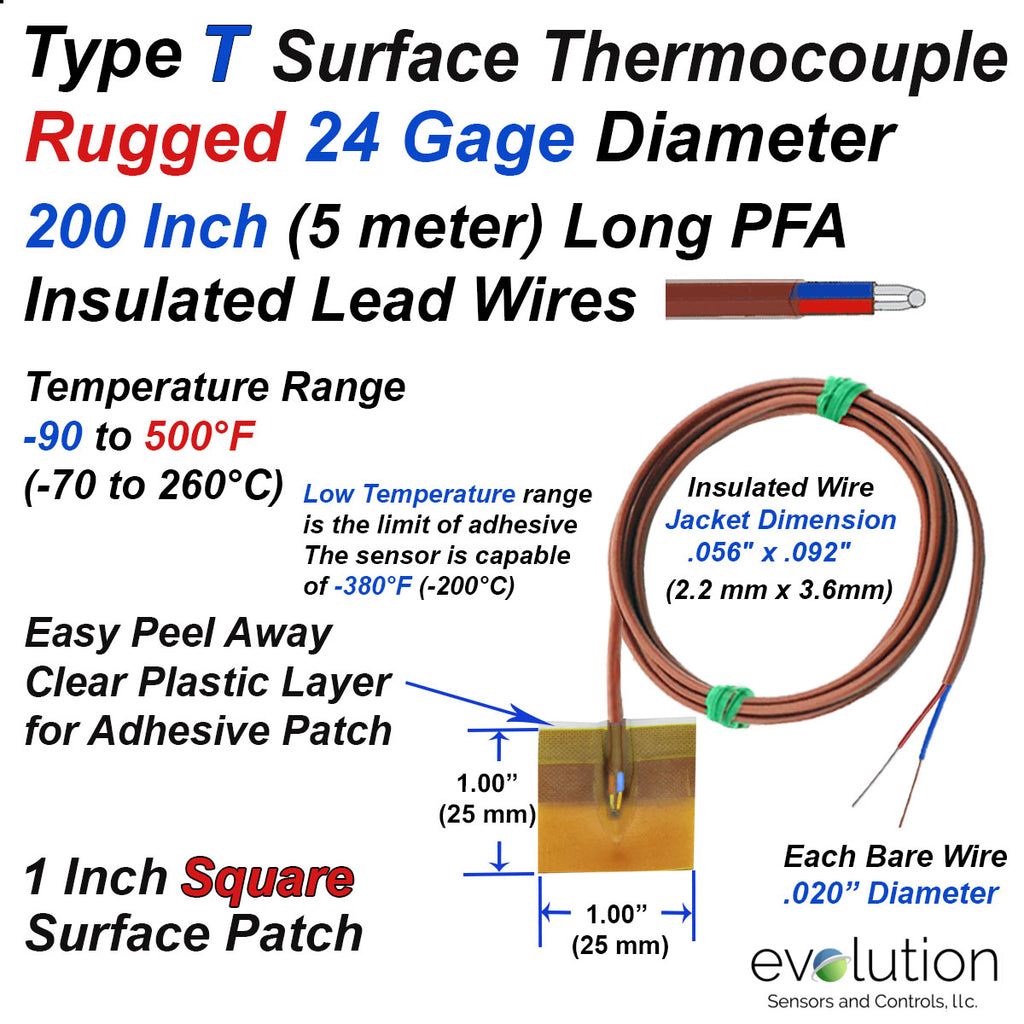T Type Surface Thermocouple with 5 Meters of Rugged 24 Gage Wire Leads
