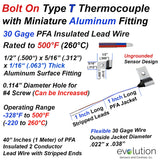 Bolt On Type T Thermocouple with Miniature Aluminum Fitting - Ungrounded Junction with PFA Insulated 30 Gage Lead Wire
