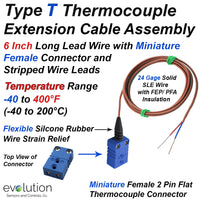 Type T Thermocouple Extension Cable 2ft Long with Female Connector and Stripped Leads