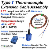 Type T Thermocouple Extension Cable 6 Inches Long with Female Connector and Stripped Leads