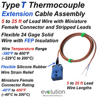Type T Thermocouple Extension Cables with Miniature Female Connector