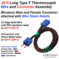 20 ft Long Type T Thermocouple Wire with Male and Female Connectors