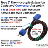 Type T Thermocouple 4ft Extension Cable with Male and Female Connectors