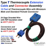 Type T Thermocouple Extension Cable 10 ft Long with Miniature Male and Standard Female Connector Termination