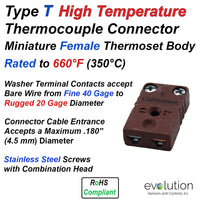 Type T Thermocouple Connectors Miniature High Temperature Female