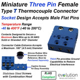 Type T Thermocouple Connector Miniature Female Three Pin Design