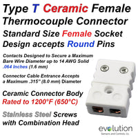 Type T Thermocouple Connectors Standard Size Ceramic Female
