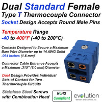 Type T Dual Thermocouple Connectors Standard Size Female