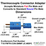 Type T Thermocouple Connector Adapter - Miniature Female to Standard Male Dimensions