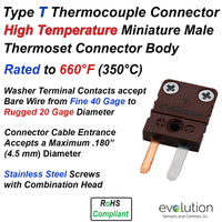Type T Miniature High Temperature Thermoset Male Thermocouple Connector