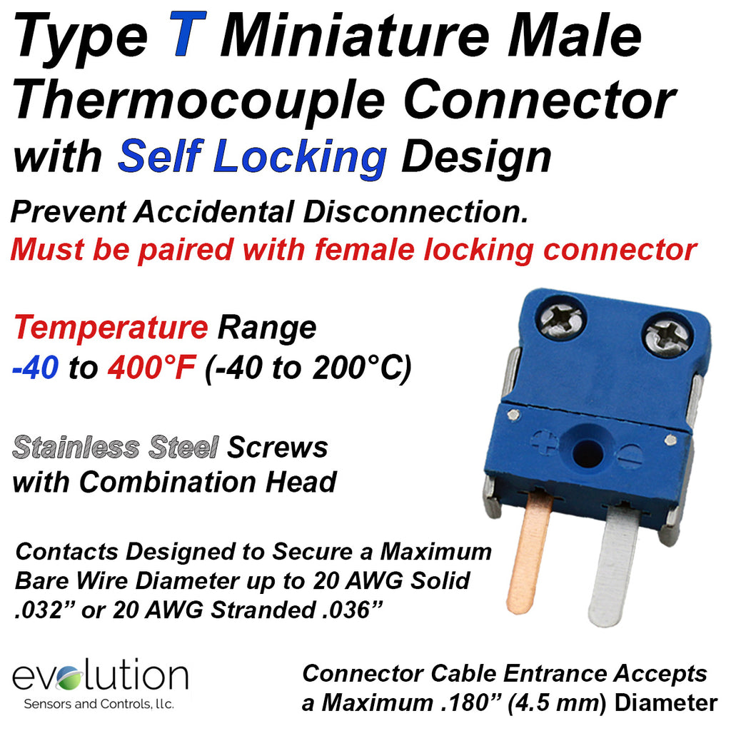 Type T Miniature Male Thermocouple Connector with Locking Design