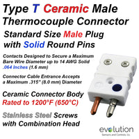 Type T Standard Size Ceramic Male Thermocouple Connectors with Solid Pins